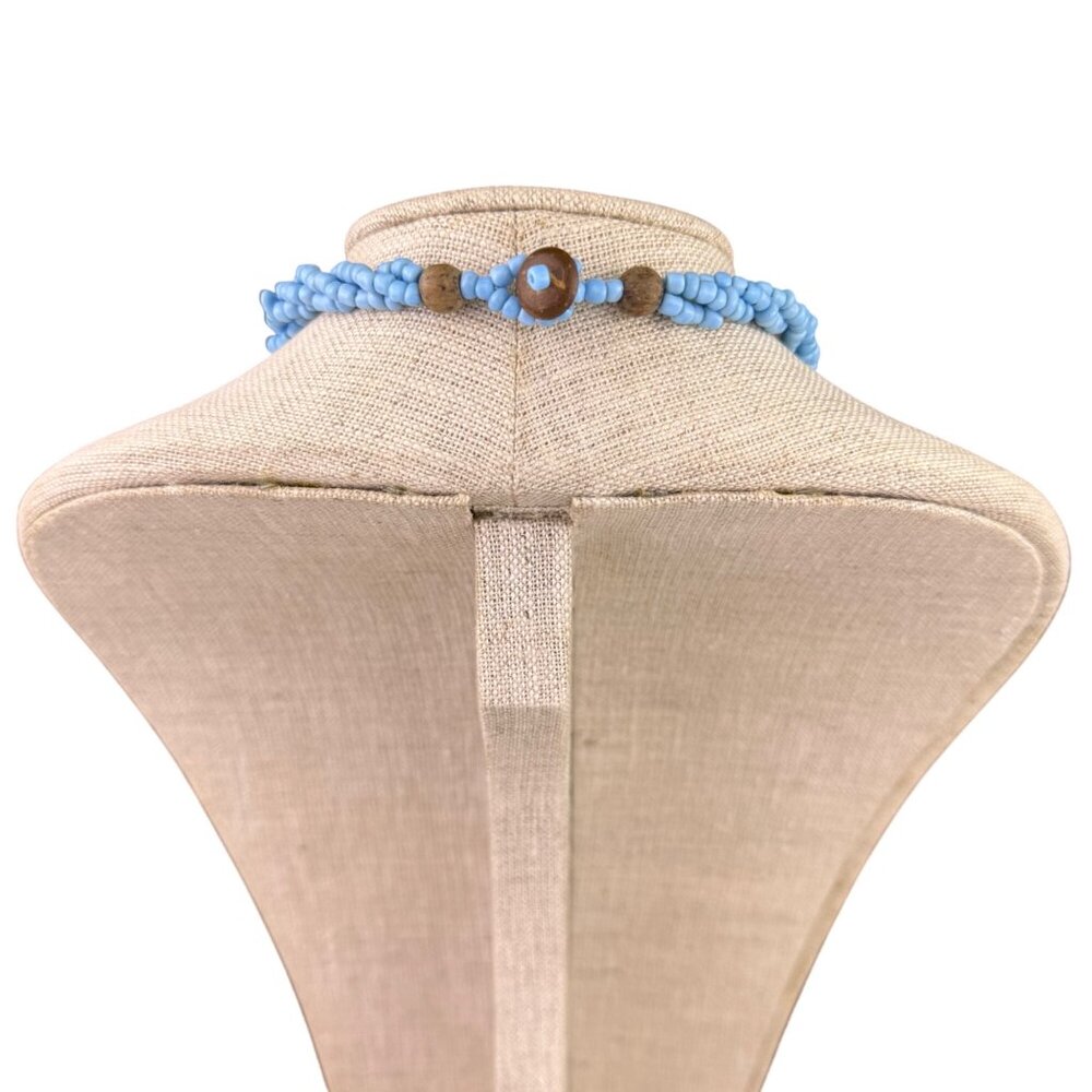 Handmade Womens Blue Beaded Necklace With Wooden Accents & Shell Pendant - Picture 2 of 4